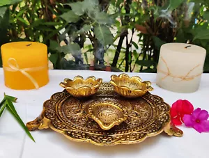 8" Puja Thali Diya Kumkum box Pooja Aarti Metal puja plate Golden plate large - Picture 1 of 10