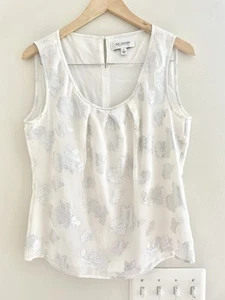 St John Silk Metallic Floral Top White Sz Medium- EUC - Picture 1 of 8