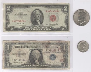 1953 $2 Red Seal, 1957 Silver Certificate, Eisenhower Dollar & Susan B. Anthony - Picture 1 of 2