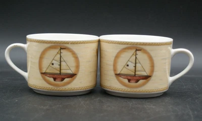 Juego de 2 tazas de té de café náutico American Atelier en el cabo velero porcelana Foto 1 de 4