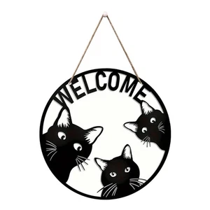 Letrero de bienvenida gato de bienvenida de madera corona de bienvenida letrero corona puerta colgante para - Imagen 1 de 7