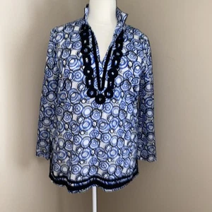 Michael Kors Blue & White Cotton Tunic Popover Printed Long Sleeve Top 1X - Picture 1 of 11