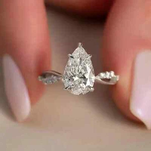10x8mm Pear Cut Moissanite Hidden Halo Engagement Ring In 14k White Gold Plated - Picture 1 of 11