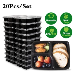 20 x 36 oz contenedores de almacenamiento de alimentos preparados caja de almuerzo comida 3 compartimentos plástico + tapa - Imagen 1 de 8