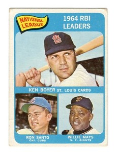 1965 TOPPS BASEBALL #6 N.L. RBI LEADERS - WILLIE MAYS KEN BOYER RON SANTO EX