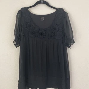 Blusa para mujer Nicole Miller negra floral manga abullonada cuello redondo forrada calada L - Imagen 1 de 11