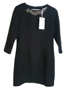 Womens Smart Black Mini Dress 3/4 Sleeves Jewelled Detail Embelished Size L - Picture 1 of 17