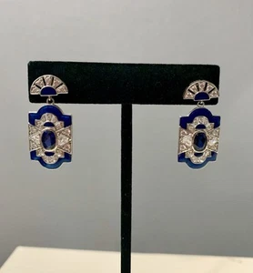 Art Deco Style Blue Glass & Blue Enamel Clear Zirconia Post Dangling Earrings - Picture 1 of 10