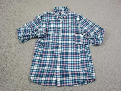 Vineyard Vines Shirt Boys Medium 12-14 Blue Pink Plaid Whale Flannel Button Down - Image 1 of 4