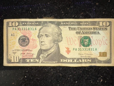 Rare $10 Dollar Bill Banknote Series 2017 A Fancy Serial Number Trinary 31331831 - Image 1 of 3