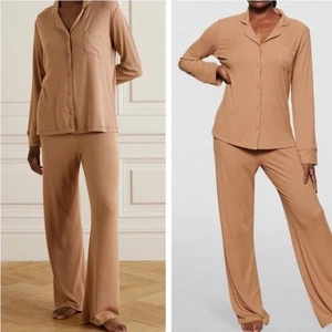 SKIMS Long Sleeve Button Up Sleep Set Long Sleeve Pajama Top Pants Camel XL - Picture 1 of 3
