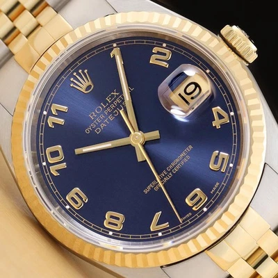 ROLEX MENS DATEJUST 16233 BLUE ARABIC 18K GOLD STEEL NO HOLES TWO TONE WATCH - Image 1 of 4