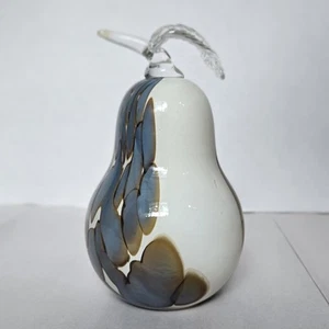 Amelia Art Glass Hand Blown Blue Pebble Pattern Pear Paperweight Clear Stem\Leaf - Imagen 1 de 5