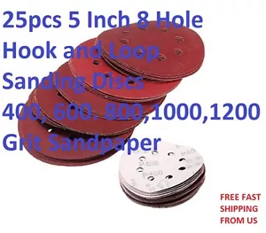 25pcs 5 Inch 8 Hole Sanding Discs 400, 600. 800, 1000,1200 Grit Sandpaper - Picture 1 of 1