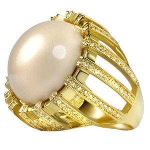 FASHION COCKTAIL LARGE RING 18K GOLD PLATED CRYSTAL ROUND ROSE RESIN US SIZE 8 - Picture 1 of 2