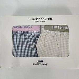 Eme Studios Lucky Squared Camp Boxers 2 Pack Blue Tan Checkered Sz M MSRP $58 - Picture 1 of 4