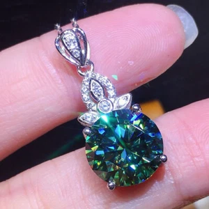 Handmade 8MM Round Blue Green Moissanite Gemstone Silver Women Necklace Pendant - Picture 1 of 6