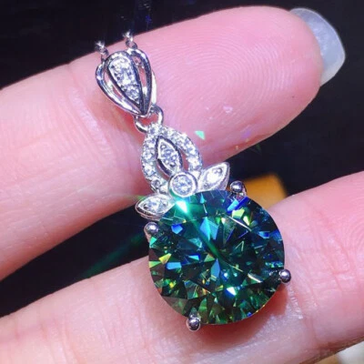 Handmade 8MM Round Blue Green Moissanite Gemstone Silver Women Necklace Pendant - Image 1 of 4
