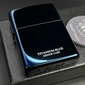 Zippo Armor Case Titanium Blue Side Logo Oil Lighter Etching Brass Japan New - Picture 1 of 14