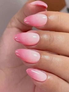 24pcs Glossy Medium Oval Fake Nails Pink French Tip Fake False Press On Nails - Picture 1 of 2