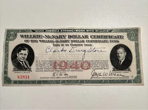 Vintage 1940 Wendell Willkie/ McNary President Political Dollar Certificate - Picture 1 of 9