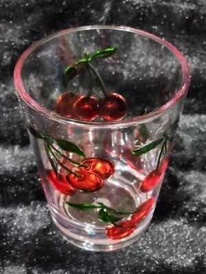 4 Red Cherries on Clear Acrylic Drinking Glasses 4.5" Cherry Poolside Drinkware - Image 1 of 4