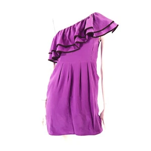 Abito Yumi Kim nuovo con etichette XS LANIE monospalla 100% seta viola e nero tubino con volant - Foto 1 di 7