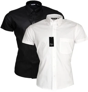 Camisa Oxford Relco Blanca Negra Manga Corta Cuello Abotonado 100% Algodón - Imagen 1 de 3
