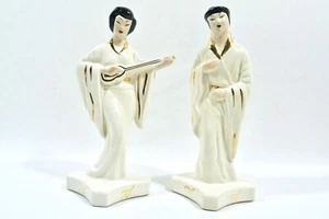 MCM Ceramica Asiatica Uomo Donna Statuine Mandolino Oro Nero Statue - Foto 1 di 10