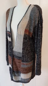 Cardigan vintage boho patchwork donna medio nero grigio marrone misto lana seta - Foto 1 di 9