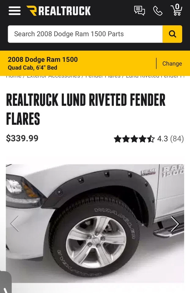 Juego acampanado guardabarros estilo remache Lund RX204S; acabado negro liso; 4 piezas.; NUEVO Foto 1 de 1