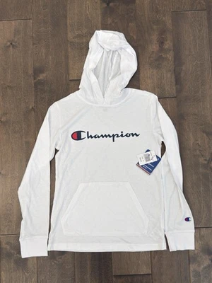Champion Boys Size M White Hooded Long Sleeve T-Shirt Color block Script Logo - Image 1 of 4