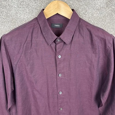 Theory Linen Blend Shirt Mens Large Plum Essential Button Up - Image 1 of 4