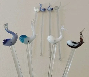 8 Vtg MCM Hand Blown Art Glass WHALE Swizzle Stir Sticks Nautical Moby Dick - Picture 1 of 14