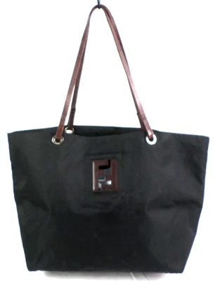 Fendi Black Nylon &Dark Brown Leather Large Double Straps Tote Shoulder Bag Good - Image 1 of 4