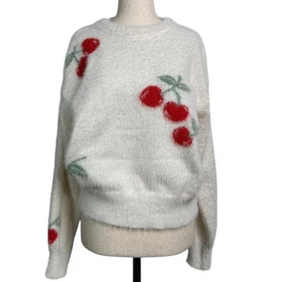 Lindo suéter de cereza difusa pulóver manga larga acogedor top para mujer Foto 1 de 4