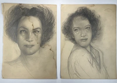 Pair of Vintage Drawings Portrait Of Woman With Curly Hair 12x9” Damaged - Image 1 of 4