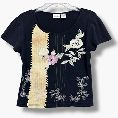 Newport News Camiseta Negra Bordada Floral Talla M 100% Algodón Arte Casa Años 90 Foto 1 de 4