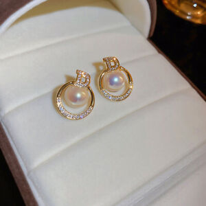 Elegant Imitation Pearl Zircon Stud Earrings Fashion Geometric Round EarrinGU