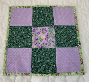 Patchwork Quilt Table Topper, Nine Patch, Cotton, Flower Prints, Green, Purple