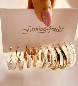 UK Women 5pairs Fashion Jewelry Butterfly Pearl Gold Hoop Earrings Set Party - Picture 1 of 8