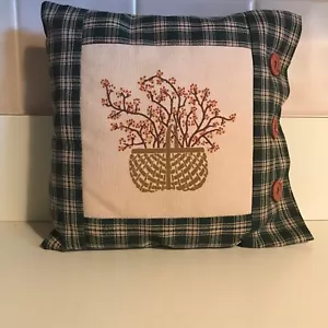 Alice's Cottage Prim 8"x 8" Pillow Green Check Cotton Square Stamped Basket Farm - Picture 1 of 12