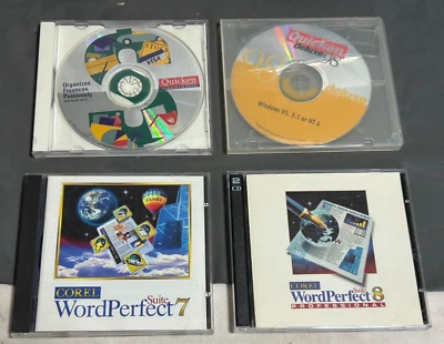 Vtg PC software multimedia CD ROM QUICKEN 1994 98 COREL WordPerfect Suite 7 & 8 - Image 1 of 3