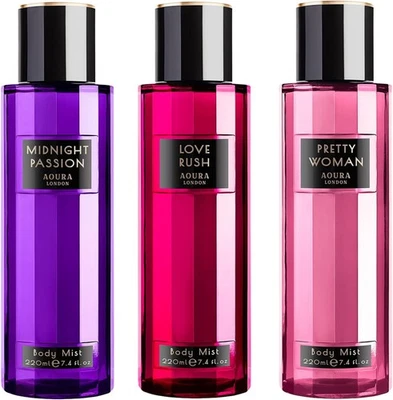 Aoura London Womens Love Rush, Pretty Woman, Midnight Passion Body Mist Mixed