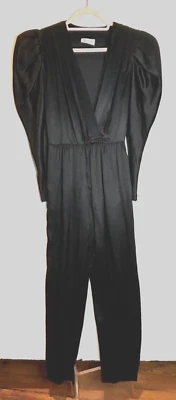 VTG 80'S PLEATED V-NECK BLACK SATIN COCKTAIL JUMPSUIT ONE PIECE PUFF SLEEVE*XS - Image 1 of 4