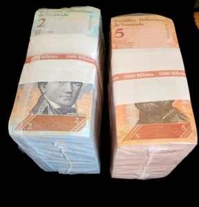 2000 Venezuela banknotes 1000 x 2 & 5 Bolivares 2007-2015 issue / P 88/89 brick - Picture 1 of 3