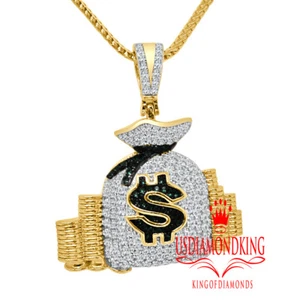 10k Yellow Gold On Silver Mens Lab Diamond Money Bag Stacks Charm Pendant +Chain - Picture 1 of 5