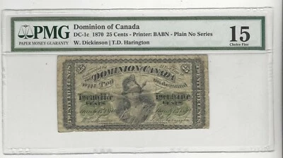 1870 Dominion of Canada ¢25 DC-1c PMG F-15 Plain No Series #20 - Image 1 of 2