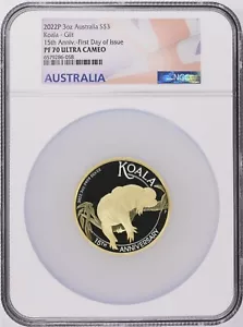 Australia 2022 - Proof 3 oz Silver Gilded Koala $3 15th Anniv. NGC PF 70 w/ Box - Picture 1 of 4