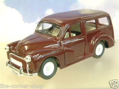 SAICO 1/26 DIECAST MORRIS MINOR TRAVELLER WITH PULL BACK MOTOR IN MAROON OVER 5" - Image 1 of 2